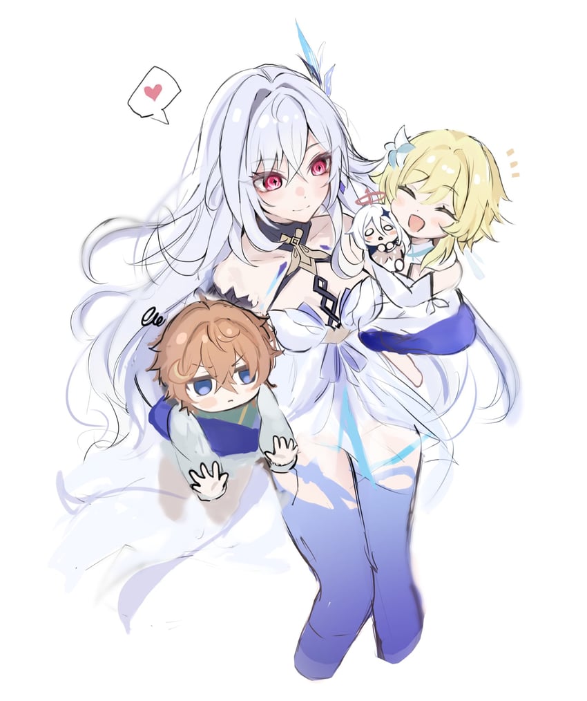 lumine, paimon, tartaglia, and skirk (genshin impact) drawn by h_09ii