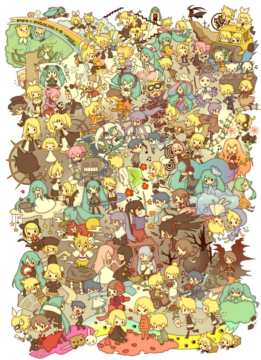 hatsune miku, kagamine rin, kagamine len, megurine luka, kasane teto, and 8 more (vocaloid and 37 more) drawn by hakusai_(tiahszld)