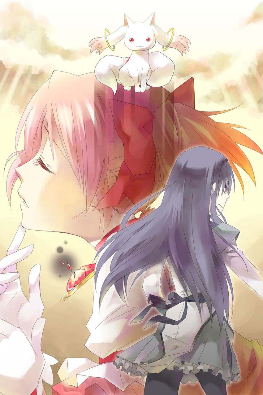 akemi homura, kaname madoka, and kyubey (mahou shoujo madoka magica) drawn by kk-jj