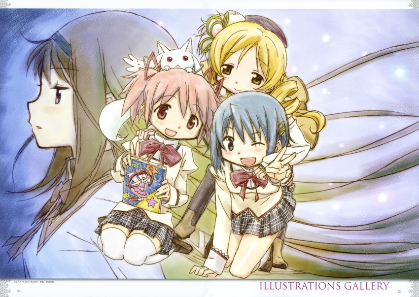 akemi homura, kaname madoka, miki sayaka, tomoe mami, and kyubey (mahou shoujo madoka magica) drawn by kishida_takahiro