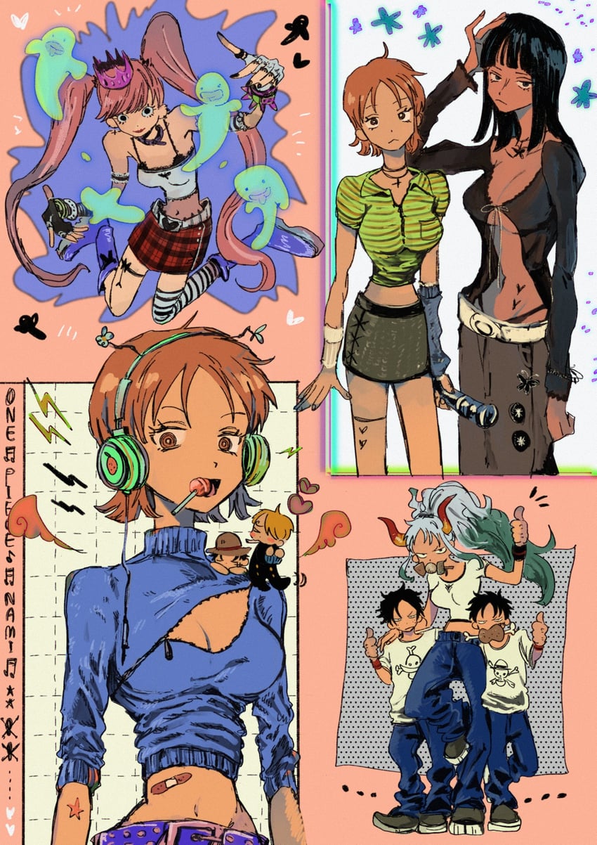 nami, monkey d. luffy, nico robin, sanji, yamato, and 2 more (one piece) drawn by makenevemoiine