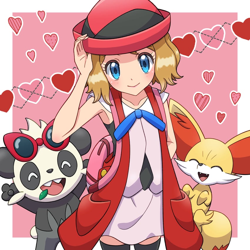 serena, fennekin, and pancham (pokemon and 1 more) drawn by yuu_(jgvj7873)