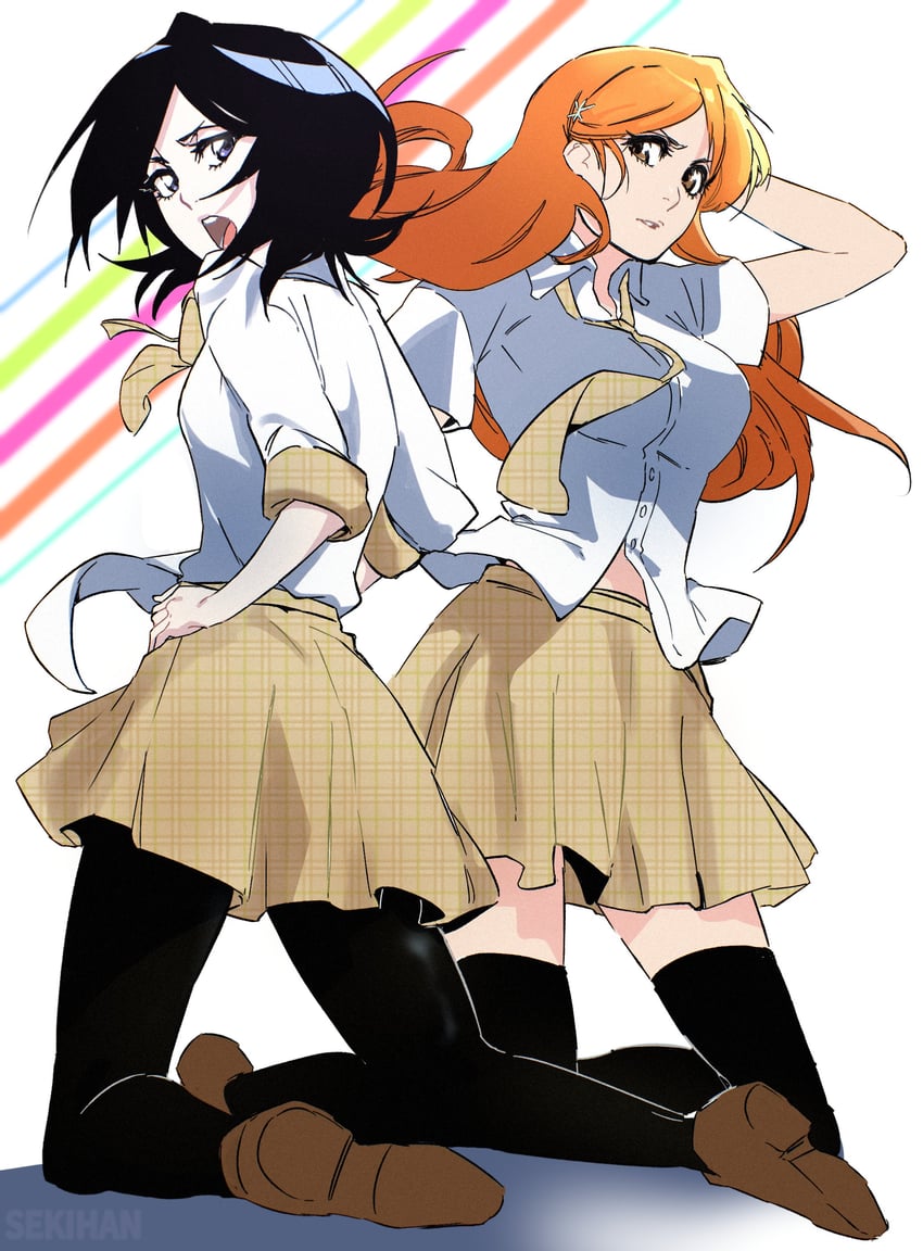 kuchiki rukia and inoue orihime (bleach) drawn by sekihan_(6kihan)