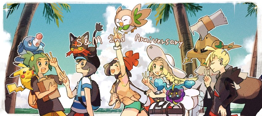 pikachu, lillie, selene, rowlet, elio, and 6 more (pokemon and 1 more) drawn by ririmon