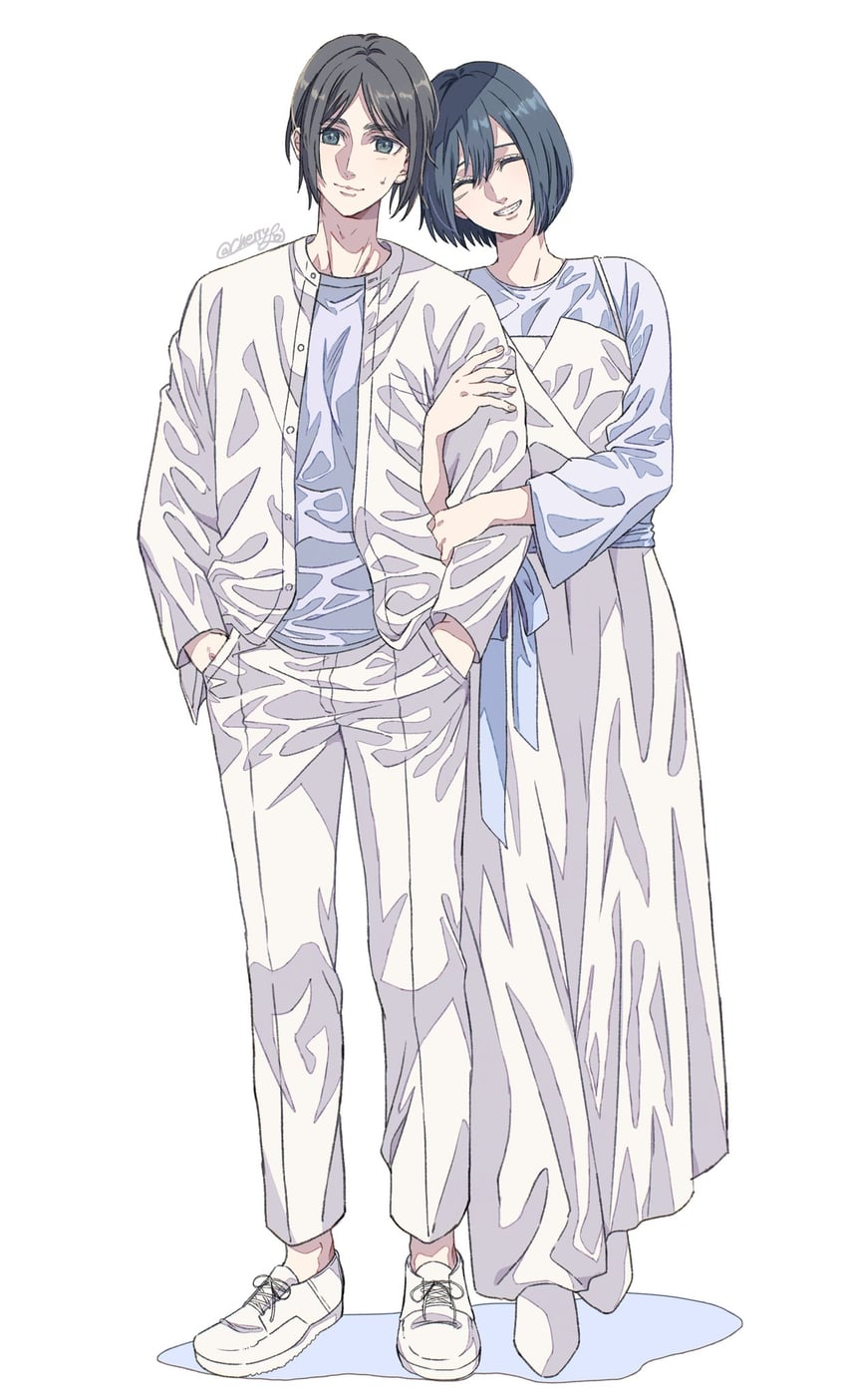 mikasa ackerman and eren yeager (shingeki no kyojin) drawn by foi_mayuge