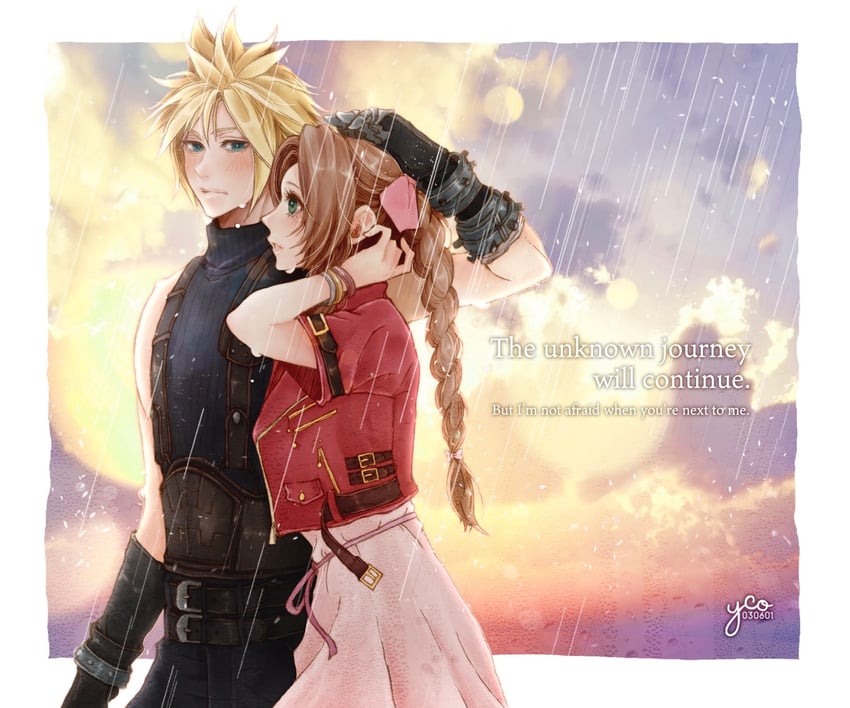 cloud strife and aerith gainsborough (final fantasy and 2 more) drawn by yco_030601