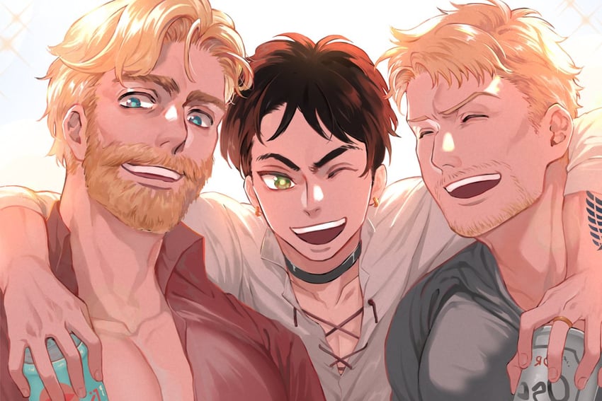 eren yeager, reiner braun, and zeke yeager (shingeki no kyojin) drawn by shiba44469
