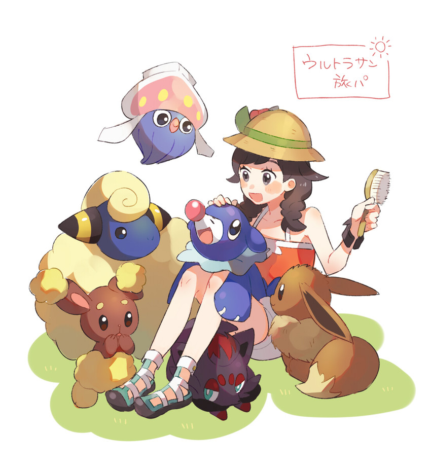 eevee, selene, popplio, zorua, buneary, and 2 more (pokemon and 1 more) drawn by unapoppo