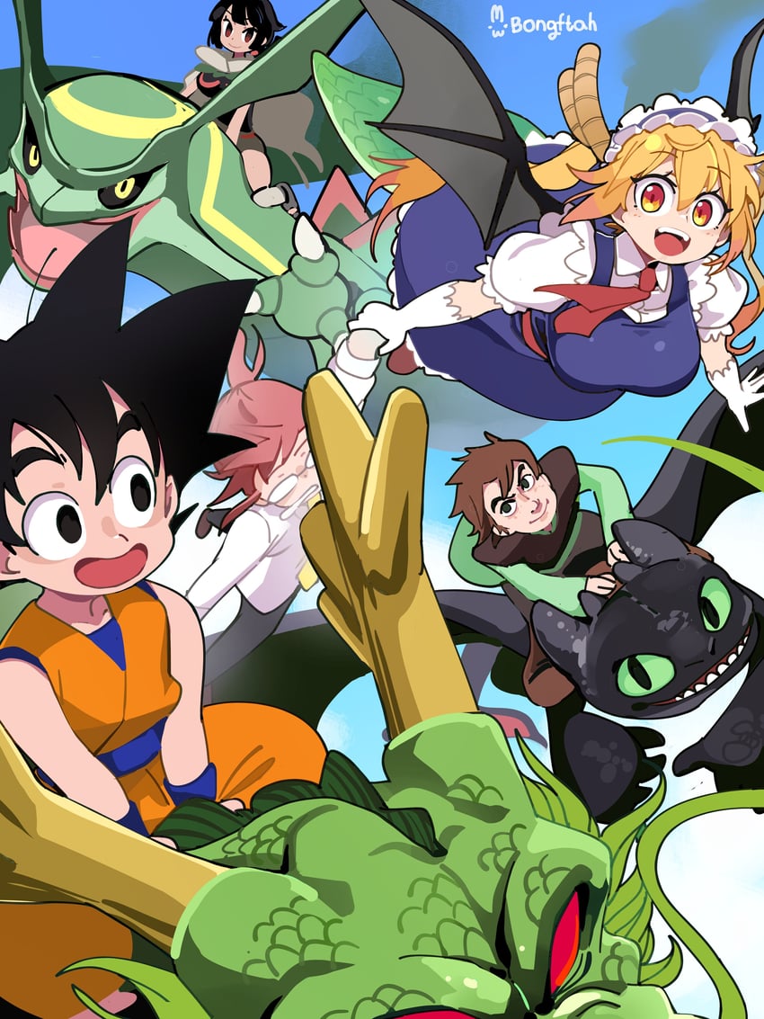 son goku, tohru, kobayashi, rayquaza, zinnia, and 3 more (pokemon and 4 more) drawn by bongfill