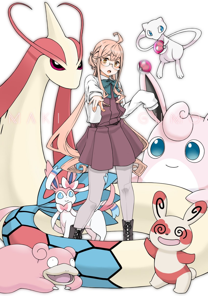 sylveon, makigumo, mew, milotic, slowpoke, and 2 more (kantai collection and 1 more) drawn by tamaki.