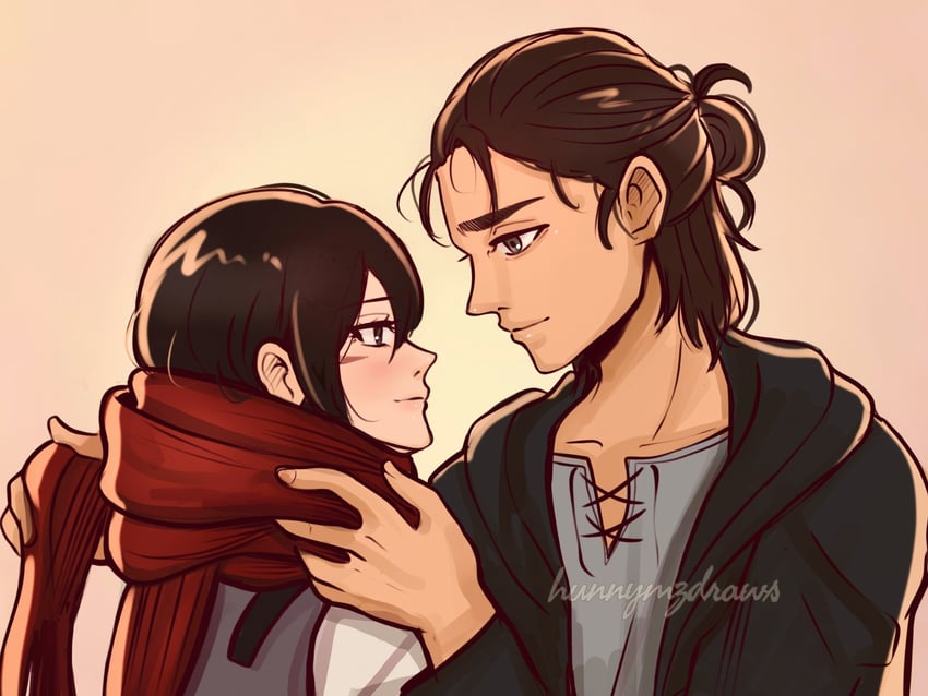 mikasa ackerman and eren yeager (shingeki no kyojin) drawn by hunnymzdraws