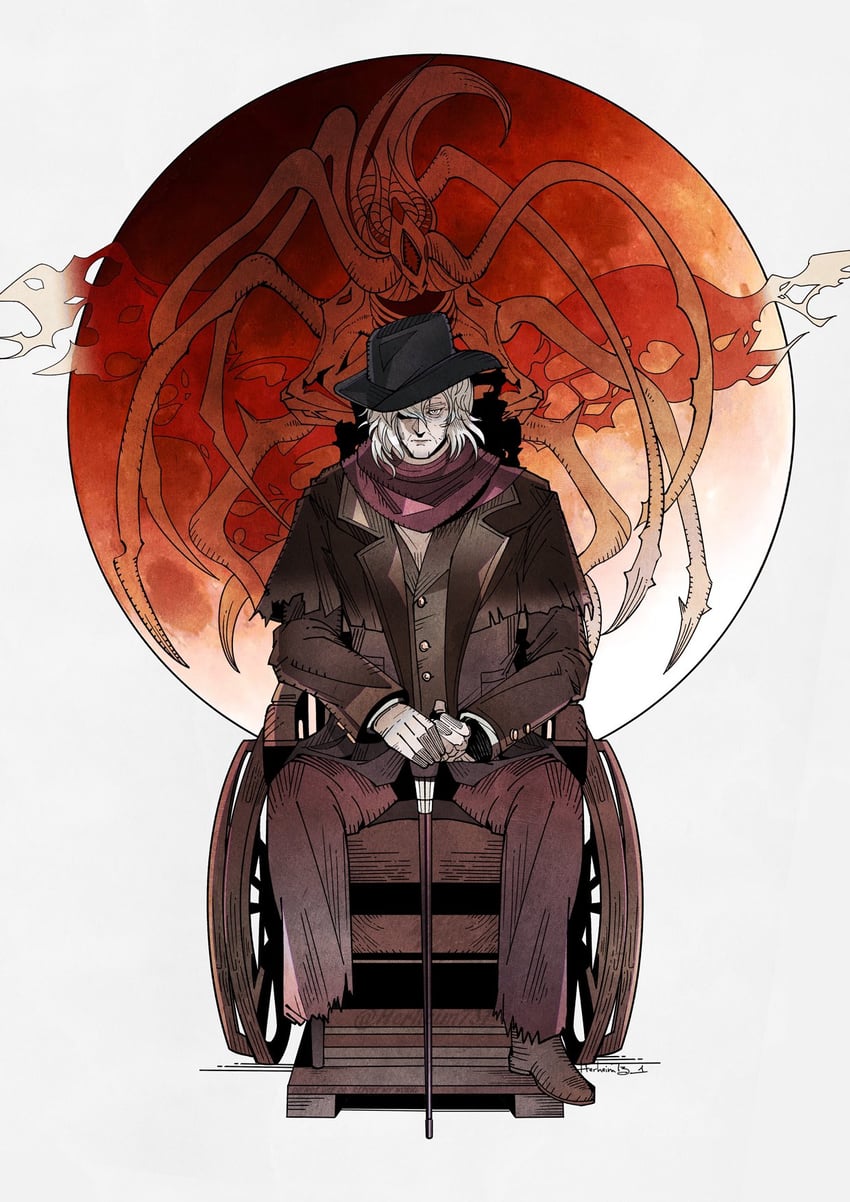 gehrman the first hunter and moon presence (bloodborne) drawn by herheim