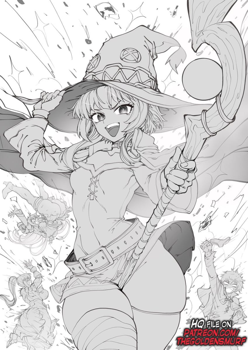 megumin, aqua, darkness, and satou kazuma (kono subarashii sekai ni shukufuku wo!) drawn by the_golden_smurf