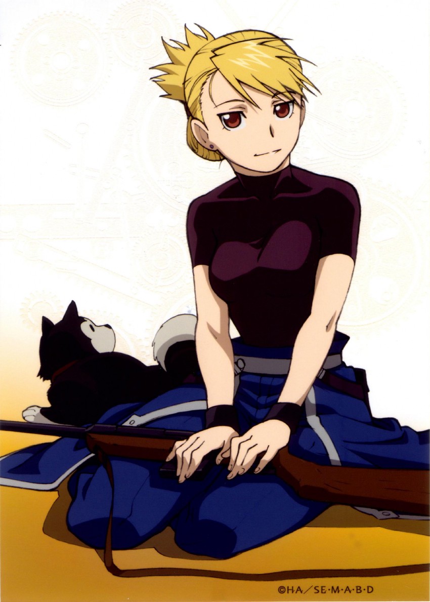 riza hawkeye and black hayate (fullmetal alchemist) drawn by arakawa_hiromu