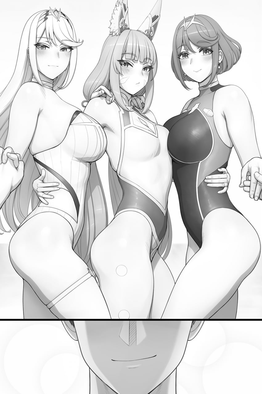 nia, pyra, and mythra (xenoblade chronicles and 1 more) drawn by lvl_(sentrythe2310)