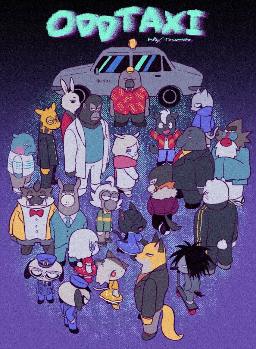 yano, sekiguchi, daimon kenshirou, odokawa hiroshi, yamamoto fuyuki, and 15 more (odd taxi) drawn by k38-km