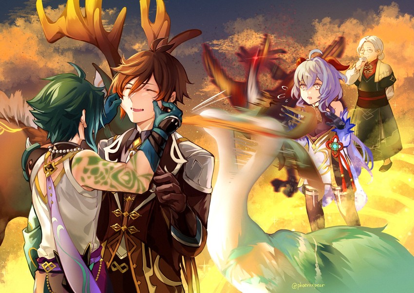 ganyu, zhongli, xiao, xianyun, cloud retainer, and 3 more (genshin impact) drawn by jin_(phoenixpear)