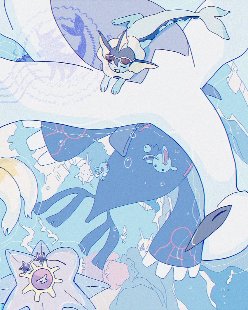 vaporeon, lugia, kyogre, azumarill, starmie, and 2 more (pokemon) drawn by yurano_(upao)