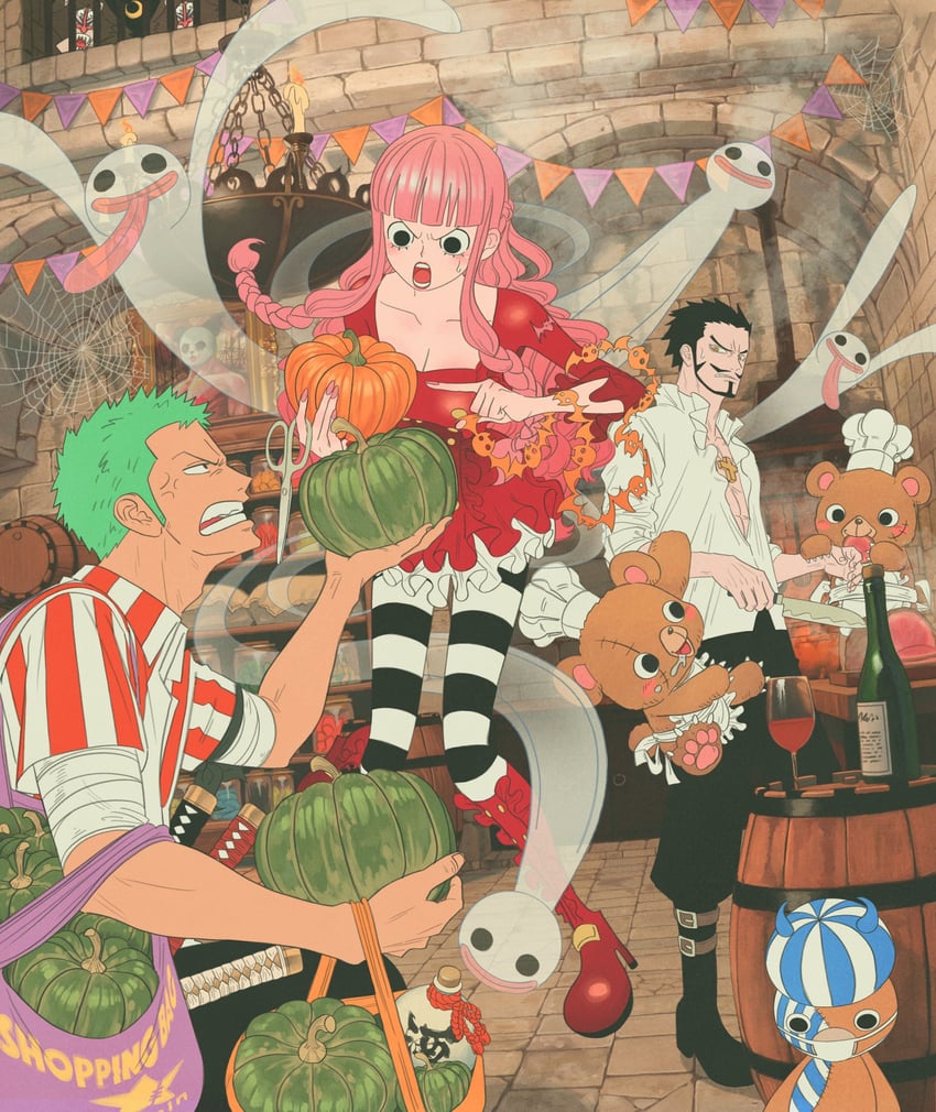 roronoa zoro, perona, dracule mihawk, kumacy, and pandaman (one piece) drawn by uraura_ura-chan