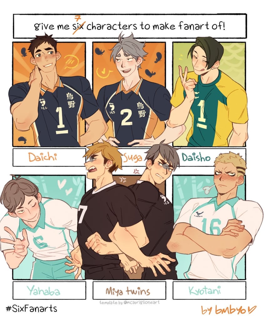 sawamura daichi, miya atsumu, miya osamu, sugawara koushi, daishou suguru, and 2 more (haikyuu!!) drawn by bombyoon