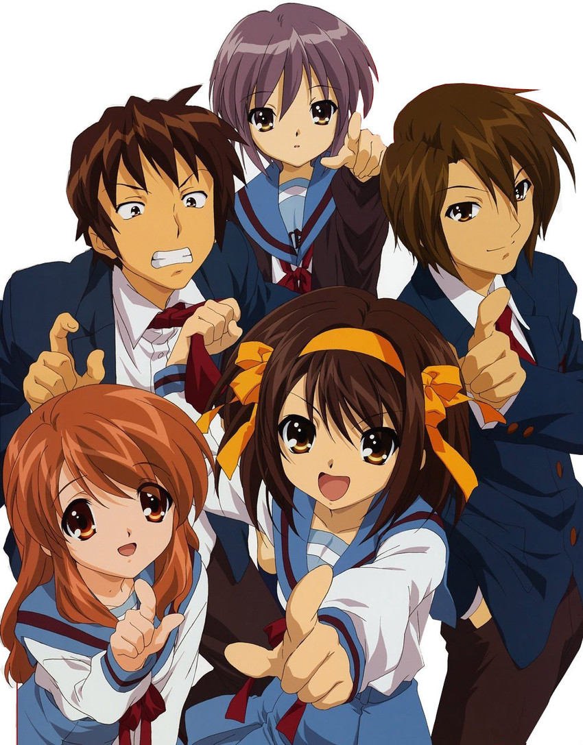 suzumiya haruhi, nagato yuki, asahina mikuru, kyon, and koizumi itsuki (suzumiya haruhi no yuuutsu) drawn by ikeda_shouko