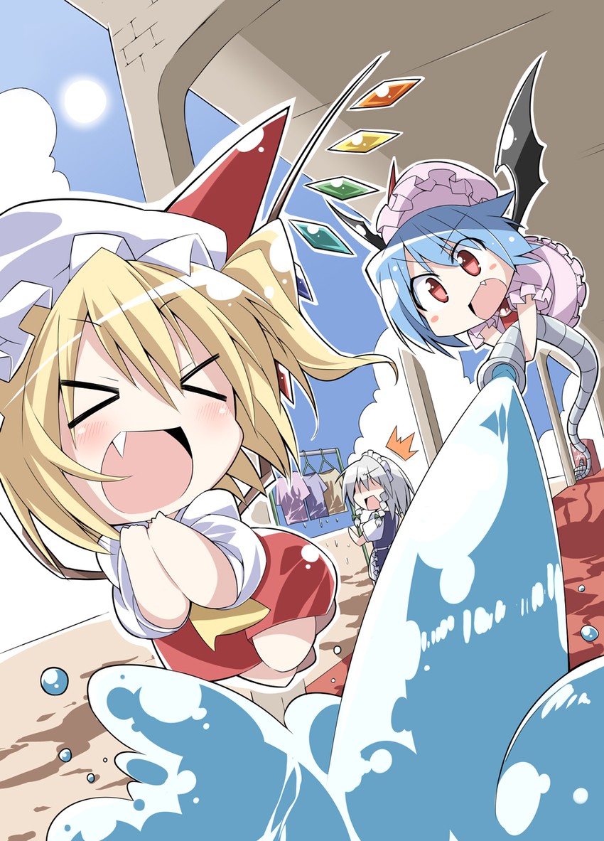 remilia scarlet, flandre scarlet, and izayoi sakuya (touhou) drawn by bibi02