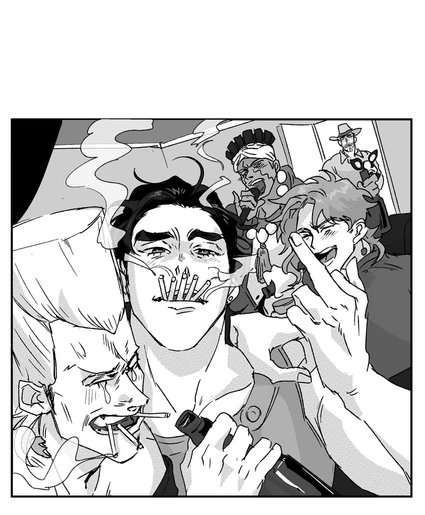 joseph joestar, kujo jotaro, kakyoin noriaki, jean pierre polnareff, and iggy (jojo no kimyou na bouken and 1 more) drawn by beet_(vhvt5535)
