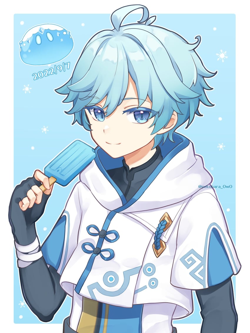 slime, chongyun, and cryo slime (genshin impact) drawn by pekohara_owo