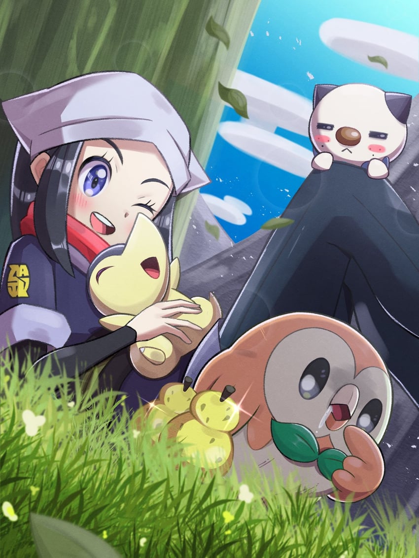 akari, rowlet, oshawott, and cyndaquil (pokemon and 1 more) drawn by inana_umi
