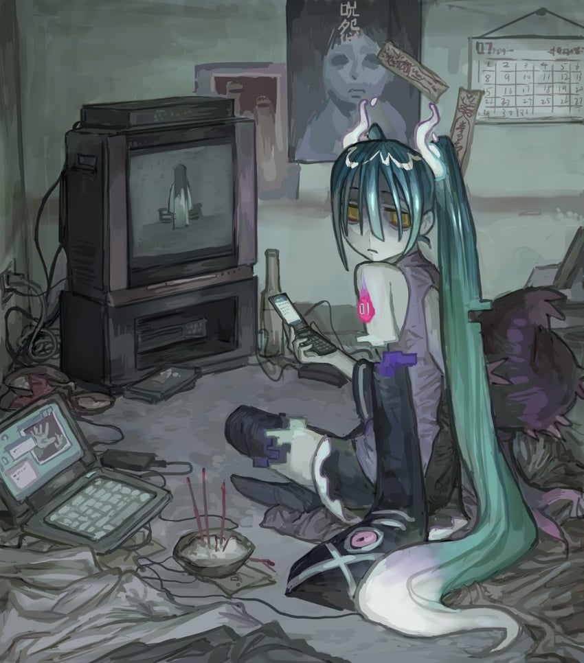 hatsune miku, yamamura sadako, mismagius, and ghost miku (pokemon and 3 more) drawn by wuwuren