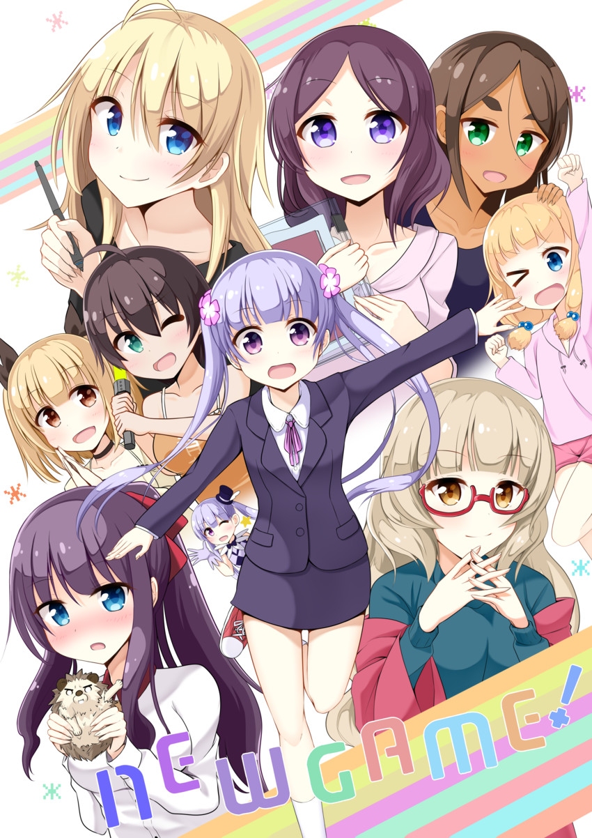 suzukaze aoba, takimoto hifumi, yagami kou, iijima yun, sakura nene, and 6 more (new game!) drawn by hinata_kokage