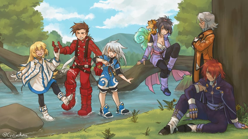 colette brunel, lloyd irving, fujibayashi sheena, kratos aurion, genis sage, and 2 more (tales of and 1 more) drawn by aurora_(cynicalruins)