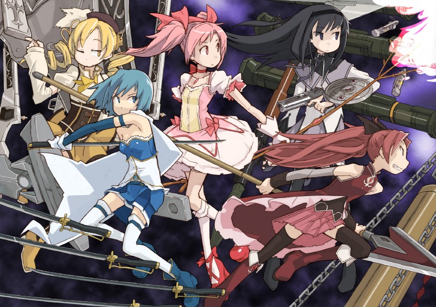 akemi homura, kaname madoka, miki sayaka, sakura kyoko, and tomoe mami (mahou shoujo madoka magica) drawn by tugeneko