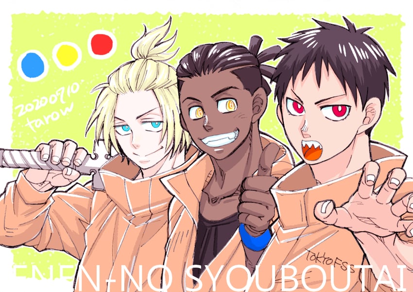 shinra kusakabe, arthur boyle, and ogun montgomery (en'en no shouboutai) drawn by altarow