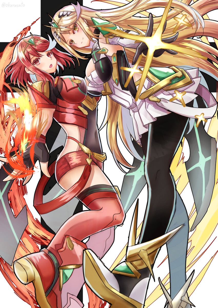 pyra and mythra (xenoblade chronicles and 2 more) drawn by okurasato