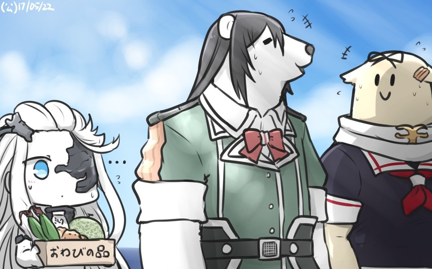 chikuma, the yuudachi-like creature, and abyssal jellyfish princess (kantai collection) drawn by hamu_koutarou