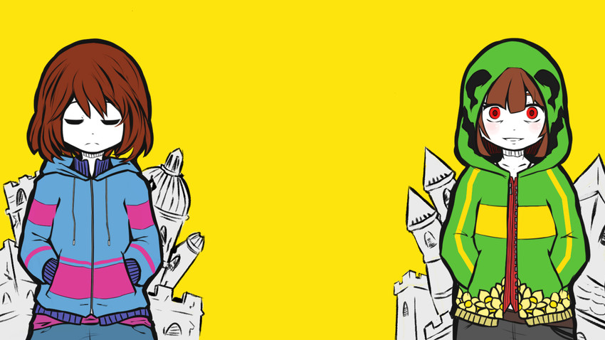 frisk and chara (vocaloid and 2 more) drawn by caribun