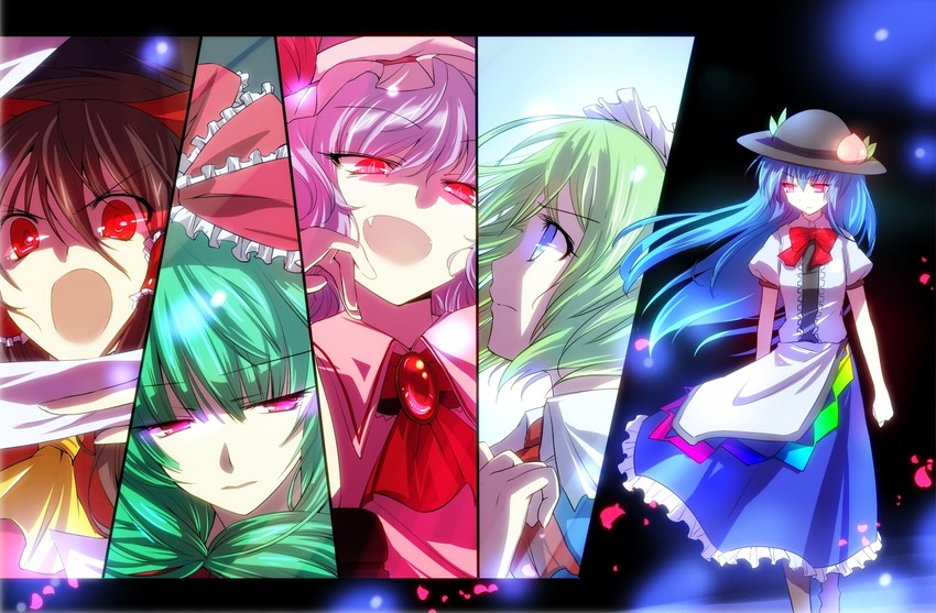 hakurei reimu, remilia scarlet, hinanawi tenshi, kagiyama hina, and ruukoto (touhou) drawn by kuro_mame