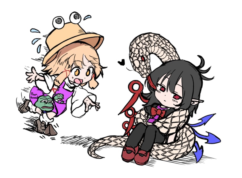 moriya suwako, houjuu nue, and pepe the frog (touhou) drawn by shinmon_akika