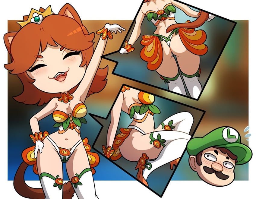 luigi, princess daisy, and fire daisy (mario) drawn by kinkymation