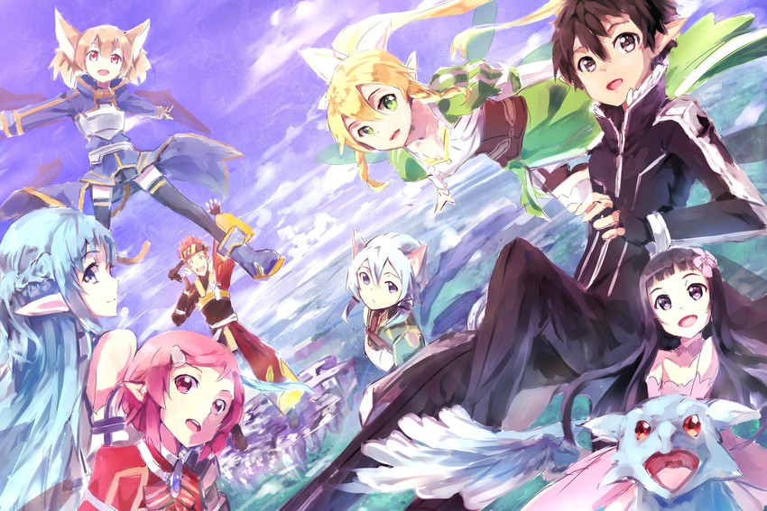 asuna, kirito, sinon, leafa, silica, and 4 more (sword art online) drawn by ye_(heroyexin)