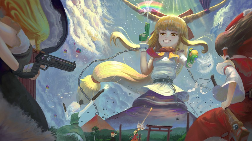 hakurei reimu, kirisame marisa, konpaku youmu, cirno, ibuki suika, and 2 more (touhou) drawn by teasmacker