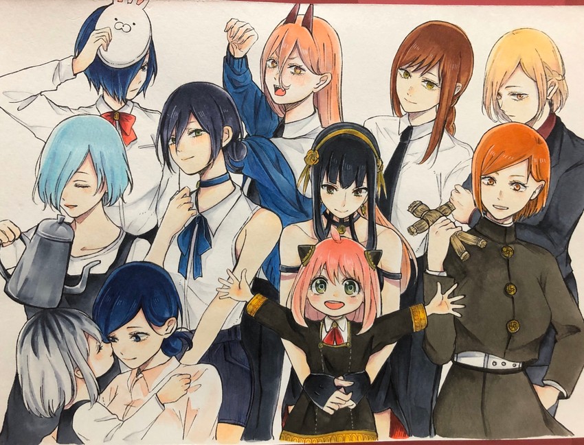 yor briar, makima, anya, power, reze, and 3 more (chainsaw man and 3 more) drawn by kotochi_re