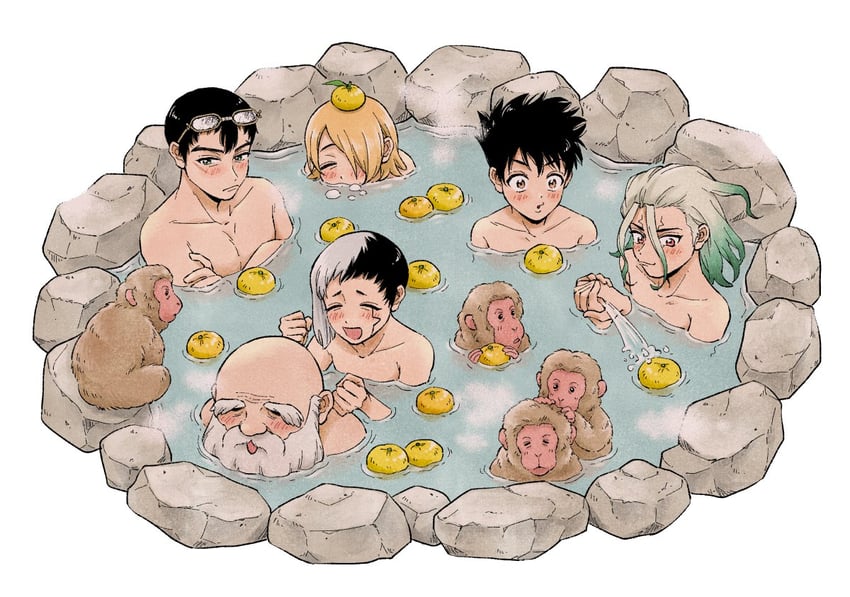 ishigami senkuu, asagiri gen, ginro, kinro, and ooki taiju (dr. stone) drawn by miya_dcst