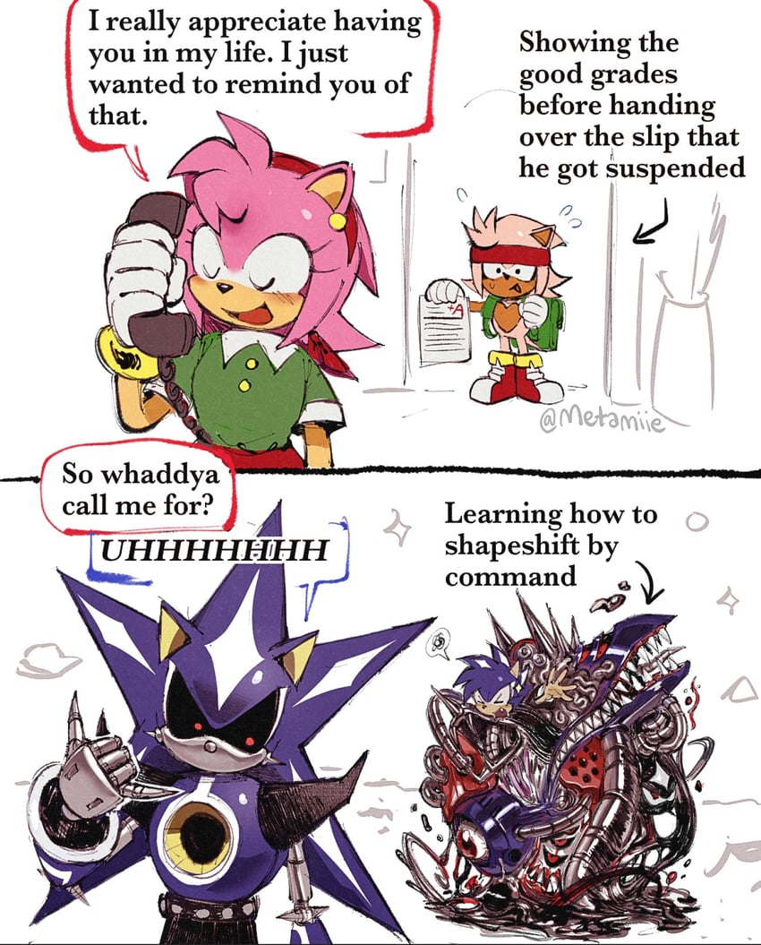 amy rose, metal sonic, and neo metal sonic (sonic and 1 more) drawn by metamiie