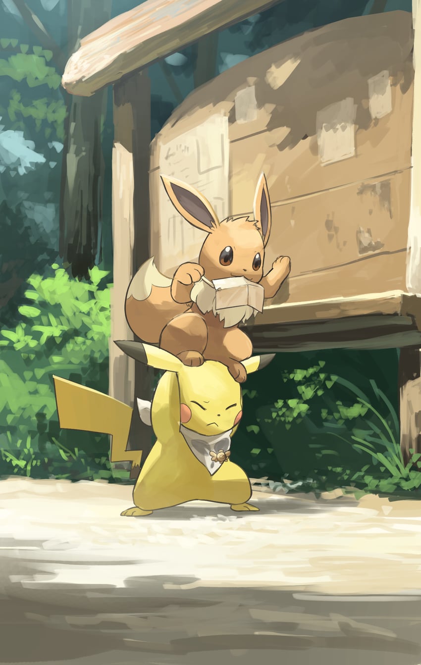 pikachu and eevee (pokemon and 1 more) drawn by yamaori_(hakkentai_pokedan)