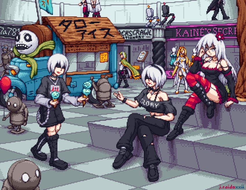 2b, 9s, pod, emil, and machine (nier and 1 more) drawn by j.raido