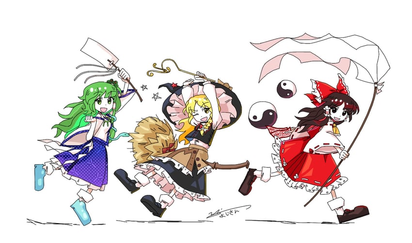 hakurei reimu, kirisame marisa, and kochiya sanae (touhou and 1 more) drawn by yoiy_san