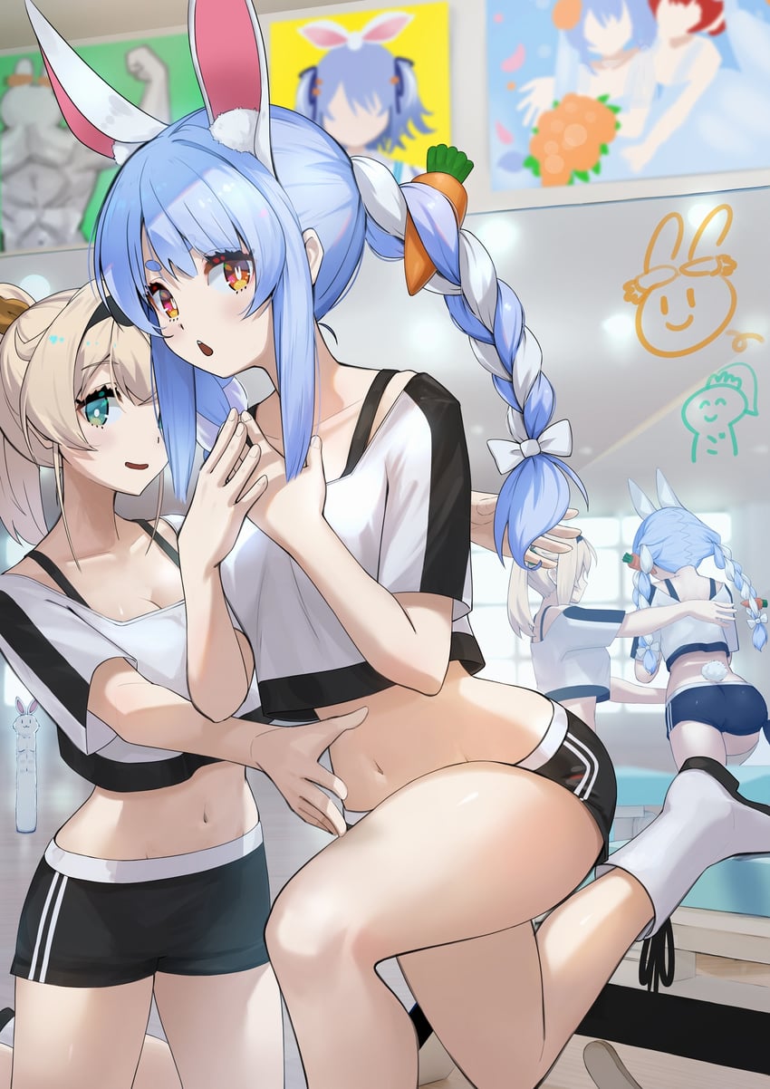 houshou marine, usada pekora, don-chan, kazama iroha, and pekomon (hololive) drawn by harada_isuka