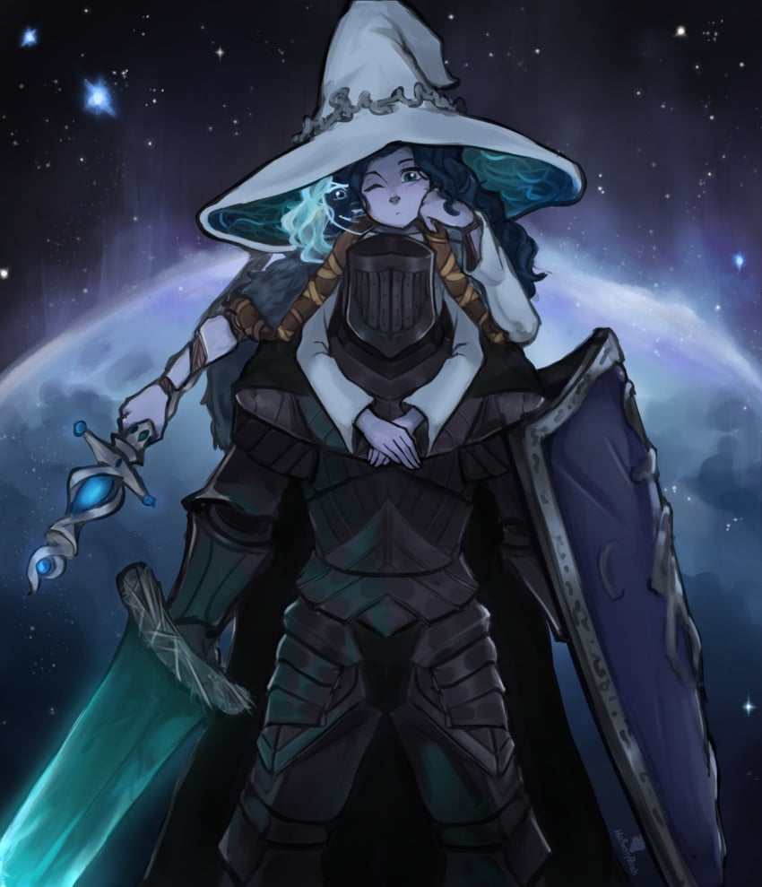 ranni the witch, tarnished, and blackgaol knight (elden ring and 1 more) drawn by malberrybush